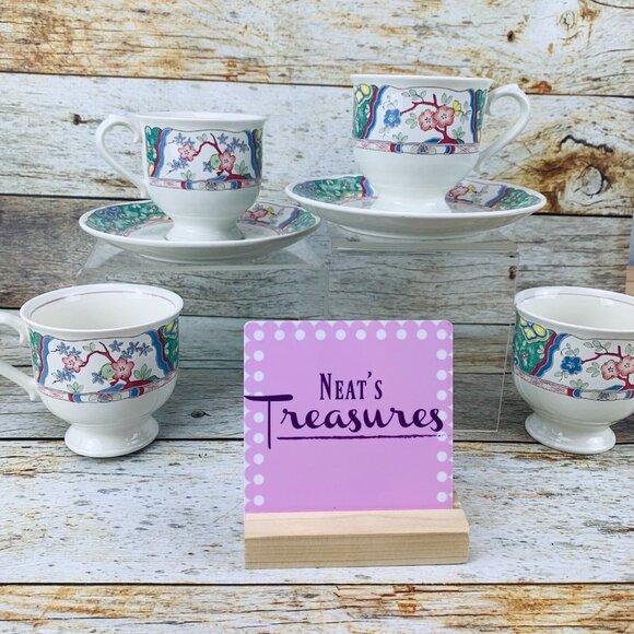 Mikasa  Provincia VILLA MEDICI CV900 Cherry Floral Footed Cups  w 2 Saucer Set 4 - Picture 1 of 8